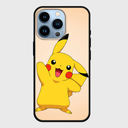 Чехол для iPhone 14 Pro Пикачу на бежевом фоне, цвет: 3D-черный