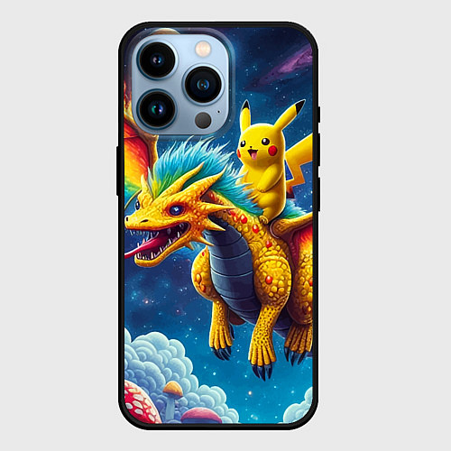 Чехол iPhone 14 Pro Pikachu on a fabulous dragon - neon glow / 3D-Черный – фото 1