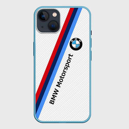 Чехол iPhone 14 BMW Motorsport: White Carbon / 3D-Голубой – фото 1