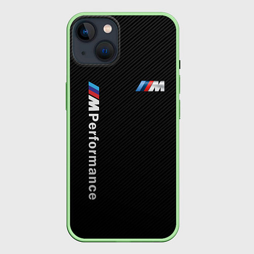 Чехол iPhone 14 BMW M PERFORMANCE CARBON КАРБОН / 3D-Салатовый – фото 1