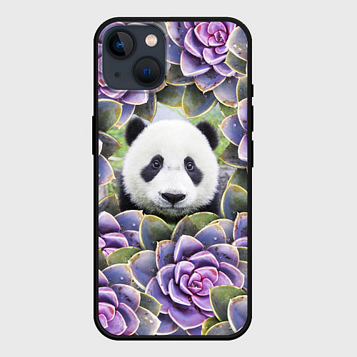 Чехол iPhone 14 Панда среди цветов / 3D-Черный – фото 1