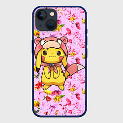 Чехол для iPhone 14 Пикачу в цветочках, цвет: 3D-тёмно-синий