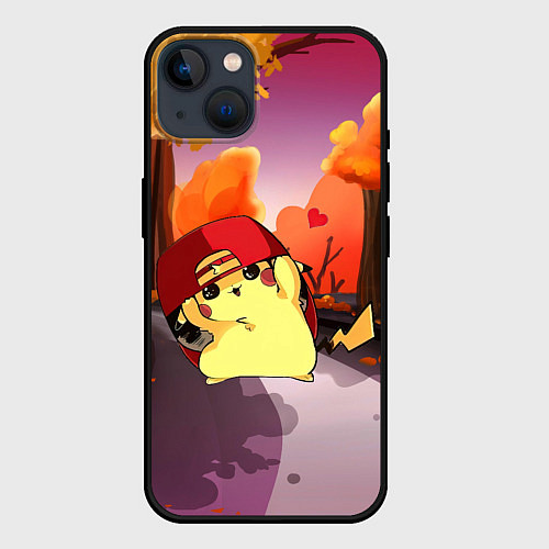 Чехол iPhone 14 Пикачу в бейсболке / 3D-Черный – фото 1