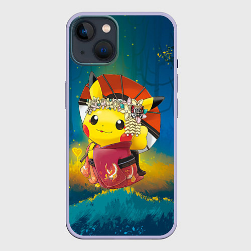 Чехол iPhone 14 Пикачу гейша / 3D-Светло-сиреневый – фото 1