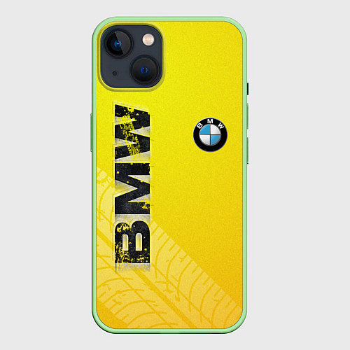 Чехол iPhone 14 BMW СЛЕДЫ ШИН БМВ / 3D-Салатовый – фото 1