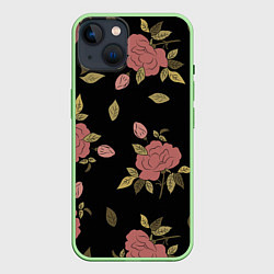 Чехол для iPhone 14 Розовые розы на темном фоне, цвет: 3D-салатовый
