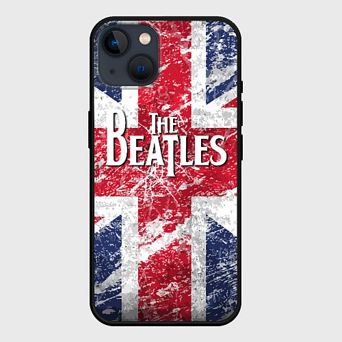 Чехол iPhone 14 The Beatles - лого на фоне флага Великобритании / 3D-Черный – фото 1