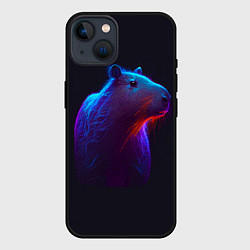 Чехол для iPhone 14 Неоновая капибара на чёрном фоне, цвет: 3D-черный