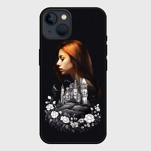 Чехол iPhone 14 Воспоминания о любви Девушка цветы и замок / 3D-Черный – фото 1