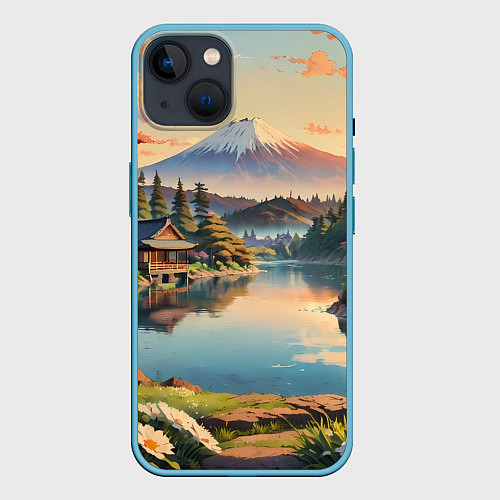 Чехол iPhone 14 Спокойный рассвет над японским горизонтом / 3D-Голубой – фото 1