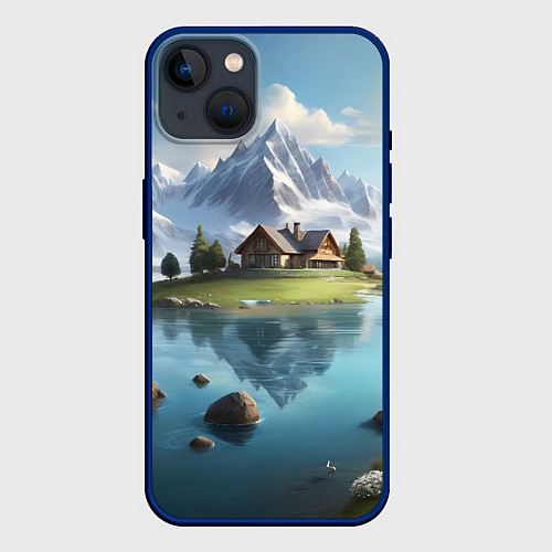 Чехол iPhone 14 Чудесный день на берегу озера в горах / 3D-Тёмно-синий – фото 1