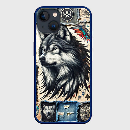 Чехол iPhone 14 Волк на дениме Пэчворк / 3D-Тёмно-синий – фото 1