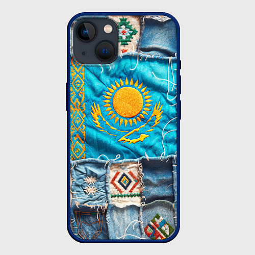 Чехол iPhone 14 Пэчворк джинсы в Казахстане / 3D-Тёмно-синий – фото 1