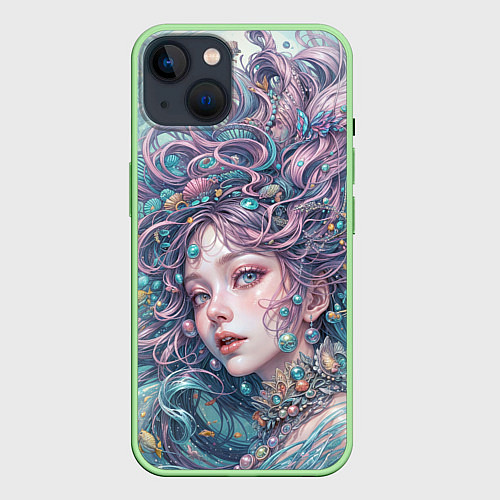 Чехол iPhone 14 Морская русалка / 3D-Салатовый – фото 1