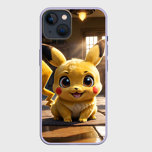 Чехол iPhone 14 Пикачу сидит в комнате / 3D-Светло-сиреневый – фото 1