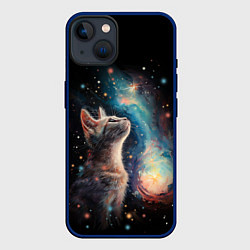 Чехол для iPhone 14 Котик смотрит на небо космоса, цвет: 3D-тёмно-синий