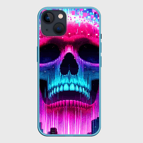 Чехол iPhone 14 Pixel skull blast brain - cyber city ai art / 3D-Голубой – фото 1