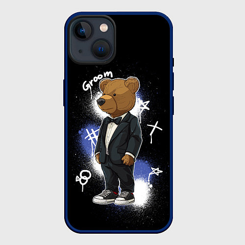 Чехол iPhone 14 Жених - медведь / 3D-Тёмно-синий – фото 1