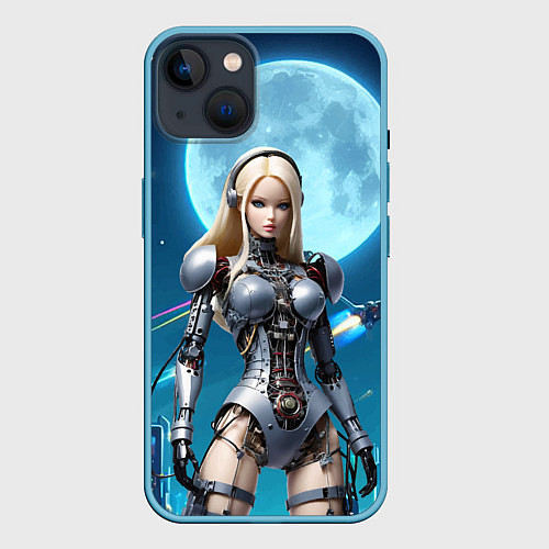 Чехол iPhone 14 Кибер Барби из будущего под луной - нейросеть / 3D-Голубой – фото 1