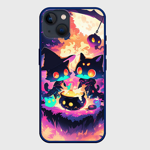 Чехол iPhone 14 2 котика ведьмы / 3D-Тёмно-синий – фото 1