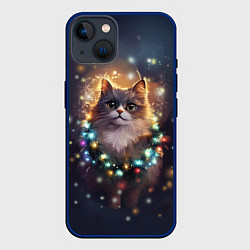 Чехол для iPhone 14 Уютный котик - Новый год, цвет: 3D-тёмно-синий