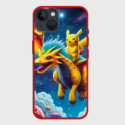 Чехол для iPhone 14 Pikachu on a fabulous dragon - neon glow, цвет: 3D-красный