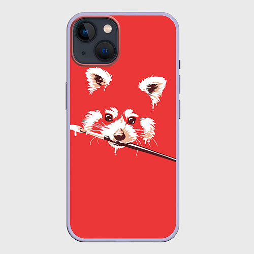 Чехол iPhone 14 Красная панда с кисточкой в зубах / 3D-Светло-сиреневый – фото 1
