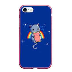 Чехол iPhone 7/8 матовый Котик на радуге, цвет: 3D-малиновый