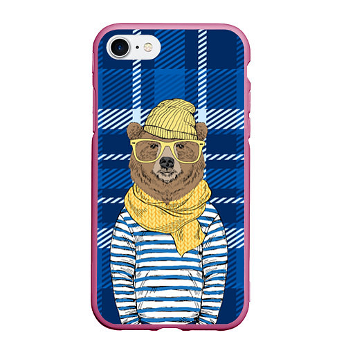 Чехол iPhone 7/8 матовый Медведь-хипстер / 3D-Малиновый – фото 1