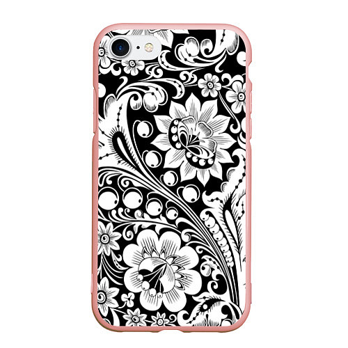 Чехол iPhone 7/8 матовый Хохлома черно-белая / 3D-Светло-розовый – фото 1