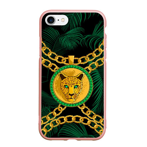 Чехол iPhone 7/8 матовый Золотой леопард и цепь / 3D-Светло-розовый – фото 1