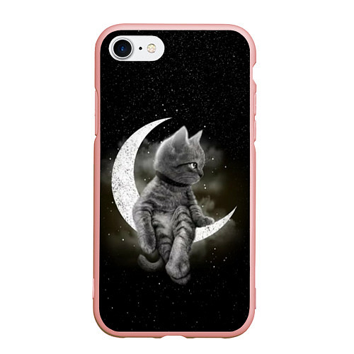 Чехол iPhone 7/8 матовый Кот на луне / 3D-Светло-розовый – фото 1