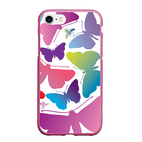 Чехол iPhone 7/8 матовый Разноцветные бабочки / 3D-Малиновый – фото 1
