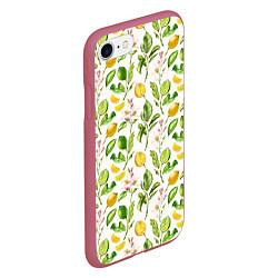 Чехол iPhone 7/8 матовый Летний узор лимон ветки листья, цвет: 3D-малиновый — фото 2