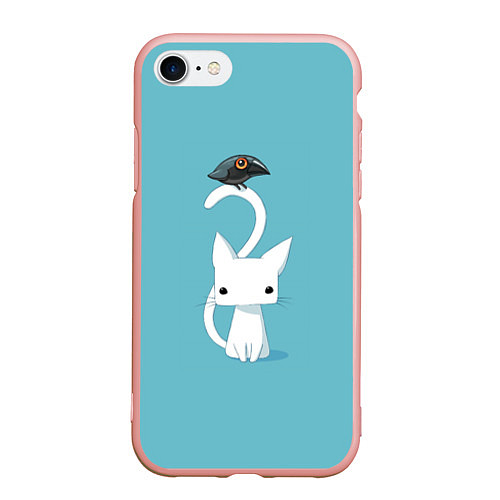 Чехол iPhone 7/8 матовый Белый котик и воробушек / 3D-Светло-розовый – фото 1