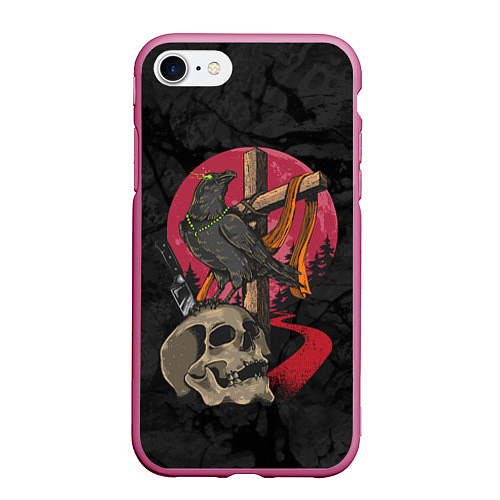 Чехол iPhone 7/8 матовый Ворона и череп / 3D-Малиновый – фото 1