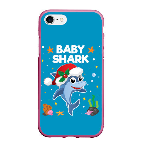 Чехол iPhone 7/8 матовый Новогодний Baby Shark / 3D-Малиновый – фото 1