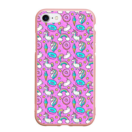 Чехол iPhone 7/8 матовый Единороги и пончики / 3D-Светло-розовый – фото 1