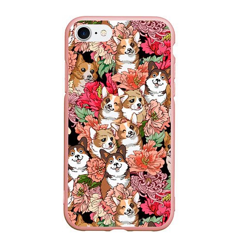 Чехол iPhone 7/8 матовый Корги & Цветы / 3D-Светло-розовый – фото 1