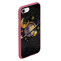 Чехол iPhone 7/8 матовый Сатурн, луна, спутник и звезды, цвет: 3D-малиновый — фото 2
