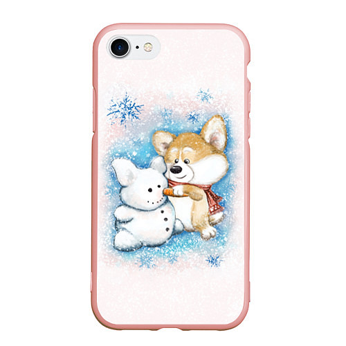 Чехол iPhone 7/8 матовый Корги и снеговик / 3D-Светло-розовый – фото 1