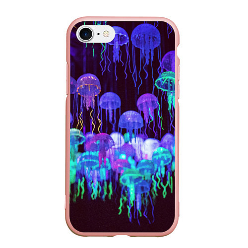 Чехол iPhone 7/8 матовый Неоновые медузы / 3D-Светло-розовый – фото 1
