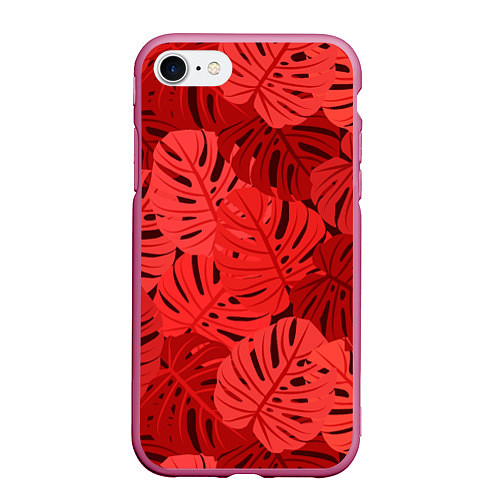 Чехол iPhone 7/8 матовый Тропические листья Монстера / 3D-Малиновый – фото 1