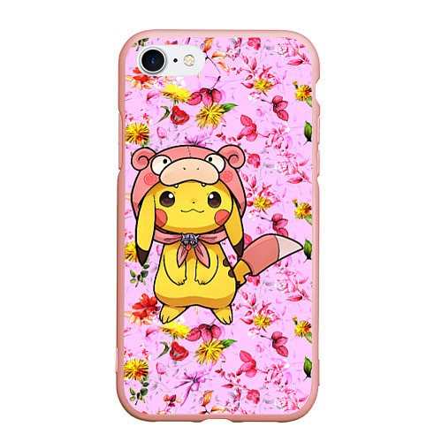Чехол iPhone 7/8 матовый Пикачу в цветочках / 3D-Светло-розовый – фото 1
