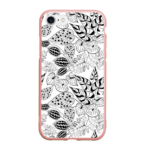 Чехол iPhone 7/8 матовый Черно-белый узор Тропики / 3D-Светло-розовый – фото 1