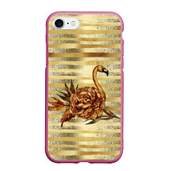 Чехол iPhone 7/8 матовый Золотой фламинго и цветок, цвет: 3D-малиновый