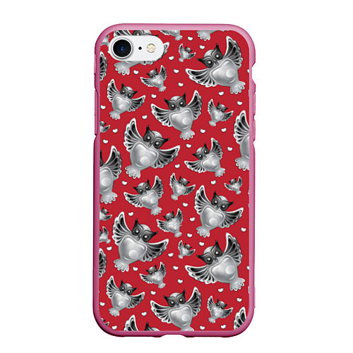 Чехол iPhone 7/8 матовый Серебряные совы / 3D-Малиновый – фото 1