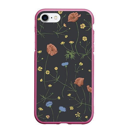 Чехол iPhone 7/8 матовый Цветы На черном Фоне / 3D-Малиновый – фото 1