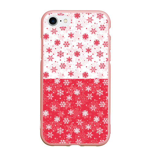 Чехол iPhone 7/8 матовый Снежинки красно-белые / 3D-Светло-розовый – фото 1