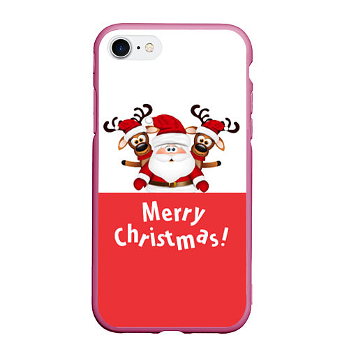 Чехол iPhone 7/8 матовый Санта с 2 Оленями / 3D-Малиновый – фото 1